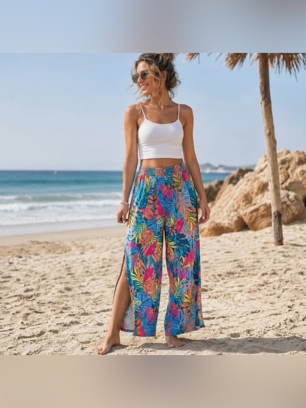 Kona Sol lightweight tropical print wide leg beach pant.